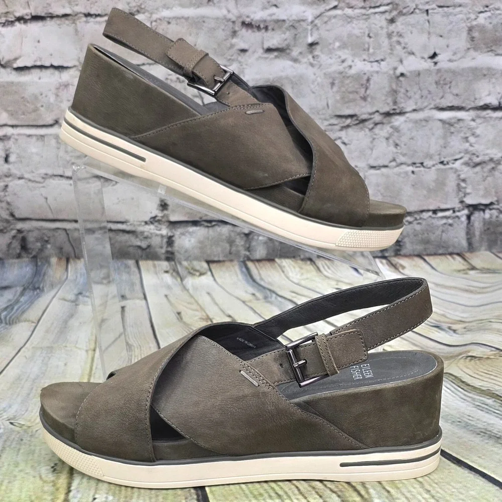 Eileen Fisher Wedge Sandals Womens Size 9 Gray Leather Slingback Platform Summer